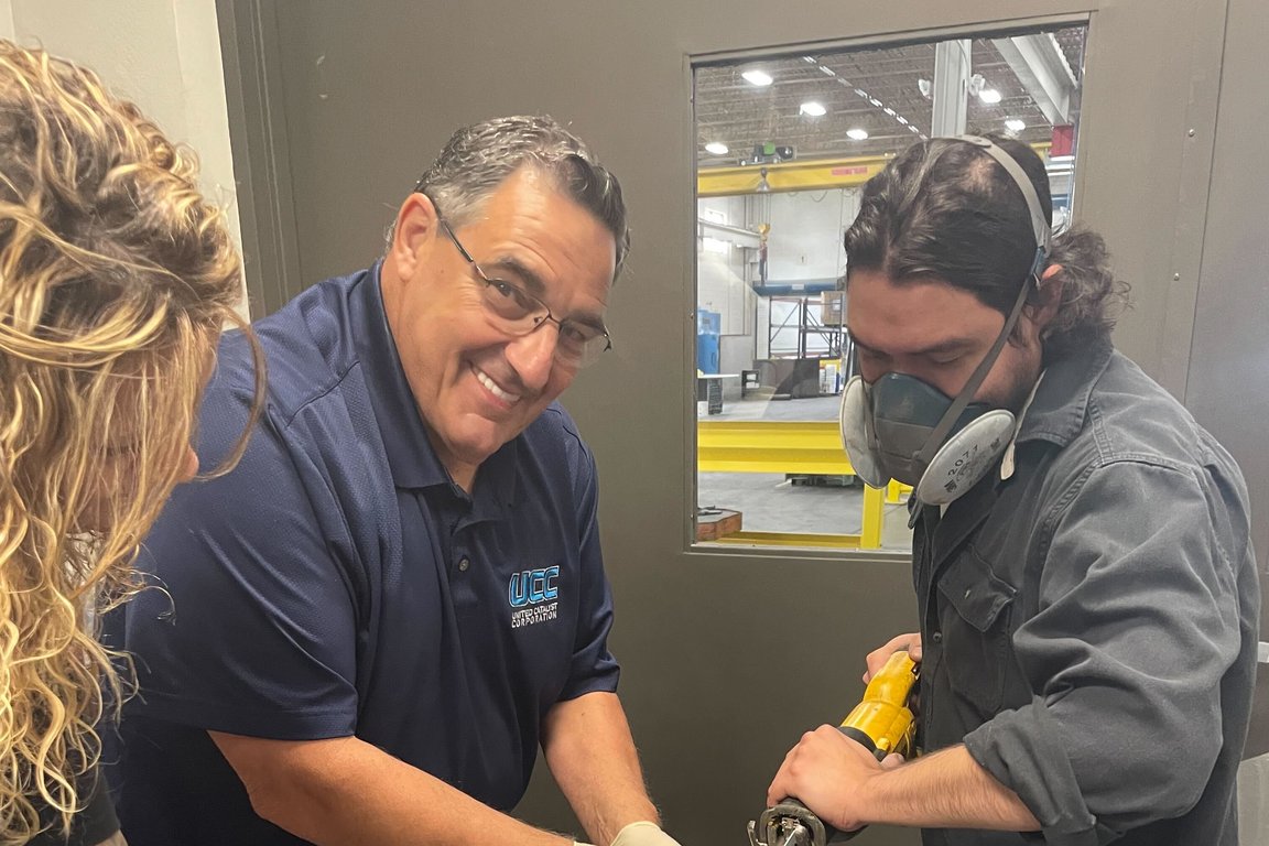 Customer working in shop