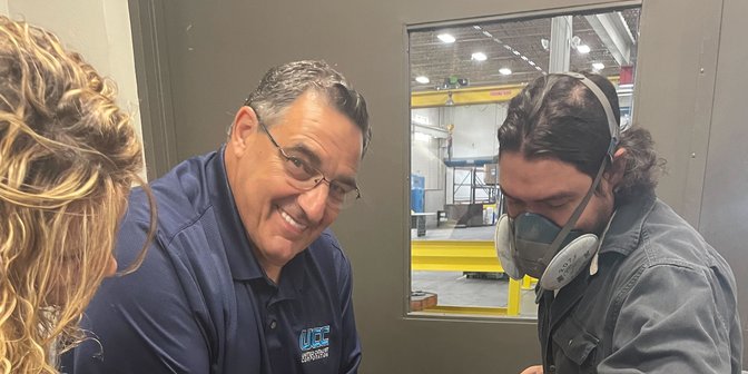 Customer working in shop