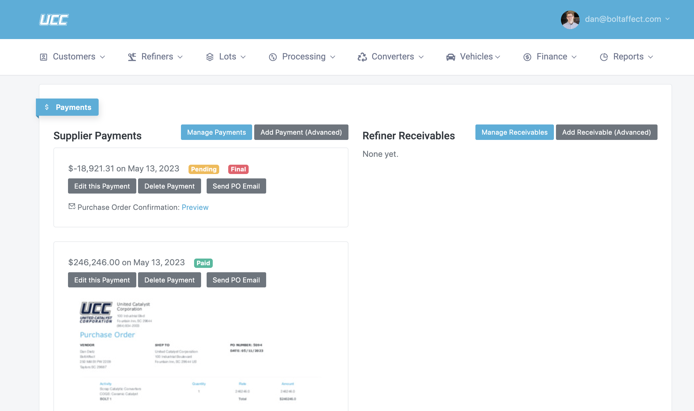 Screenshot of software for operations